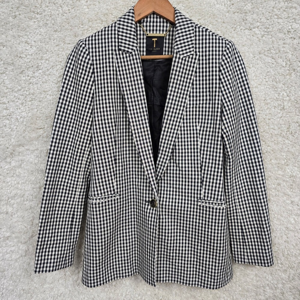 Ted Baker Gingham Check Blazer Jacket‎ Black White Button Front Women's Size 1